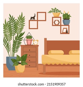 Living room interior. Modern cozy and stylish apartment with furniture and house plants. Lounge with decorative shelves and lamps. Flat vector illustration
