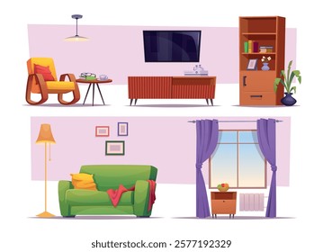 Living room interior. Modern cozy furniture collection fo living room exact vector illustration in flat style