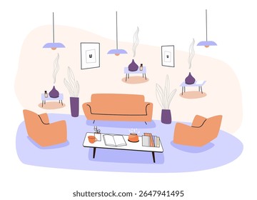 Living room interior modern cozy home decor aromatherapy diffusers plants orange furniture pastel colors minimalist style website banner