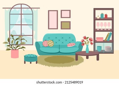 Living room interior. Modern design interior home. Different furniture in contemporary apartment. Cozy home. Vector cartoon flat illustration