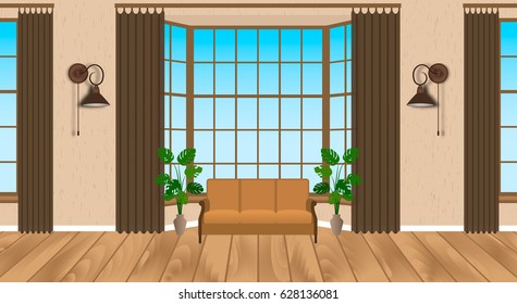 Living room interior modern design. Light loft with wooden flooring, sofa, lamps, houseplants. Contemporary household concept. Vector illustration.