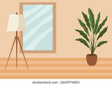 Living room interior with a modern floor lamp, large mirror, and a house plant. Minimalist domestic background.