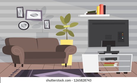 Living Room Interior. Modern Furniture And Cozy Apartment. Couch And TV. Flat Vector Illustration