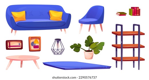 El interior del salón con mobiliario moderno de estilo loft. Acogedor concepto de salón con sofá azul, sillón, estanterías, mesa baja, planta, lámpara y alfombra, ilustración vectorial de dibujos animados