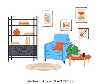 Living room interior. Modern furniture, armchair, tea table and potted plant, cozy house interior flat vector illustration. Contemporary living room