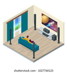 Living room interior with modern home theater system. Digitally created and high resolution rendered. Home theater system vector isometric illustration