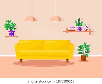 Living room interior with modern house furniture: yellow sofa, bookshelf with book and vase, lamp and potted plant. Vector flat illustration of cozy room in comfortable apartment