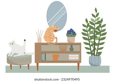 Living room interior in a modern style with cute cats. Vector flat illustration.