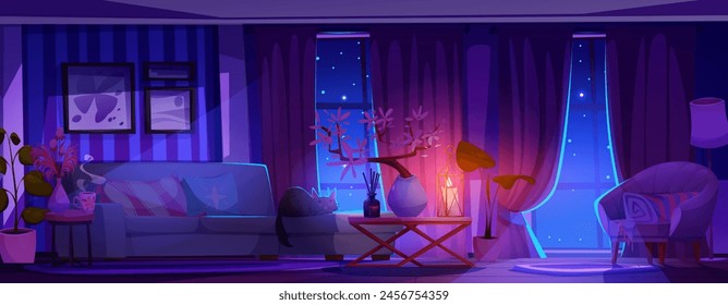 Interior de la sala de estar por la noche - casa azul oscuro en el interior con ventanas y luz rosa de la lámpara de la vela. Vector de dibujos animados de medianoche con gato durmiendo en sofá, sillón y mesa, plantas y flores