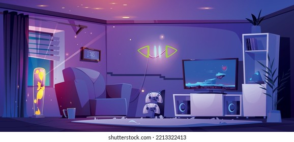 Living room interior at night with furniture and gamer stuff. Armchair, tv set with video game on screen, console, gamepads, plasmic lamp, rug, cupboard and clock on wall, Cartoon vector illustration