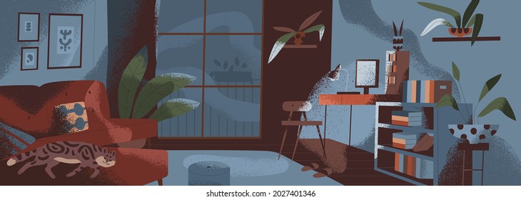 Living Room Interior At Night Time. Apartment With Furniture, Plants And Window In Dark. Inside Cozy Home With Sofa And Sleeping Cat. Nighttime Livingroom. Colored Textured Flat Vector Illustration