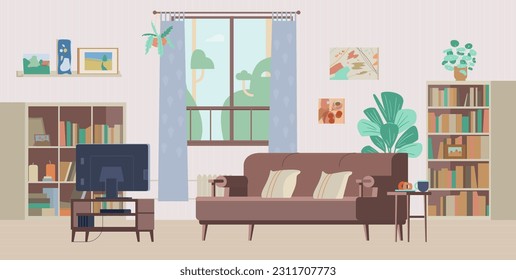 Living room interior with no people flat vector illustration. Cozy interior with bookcases, couch, TV.