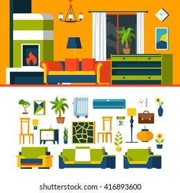 Living room interior object constructor template vector icon set. Flat style furniture accessory illustration. Coach sofa fireplace armchair chair picture air conditioner. Creative indoor collection.