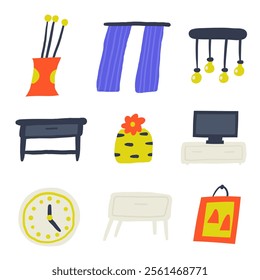 Living room interior objects set. Cute hand drawn doodle house furniture inside items, curtains, lamp, clock, table, television, wall picture, vase, flowers. Modern flat apartment elements