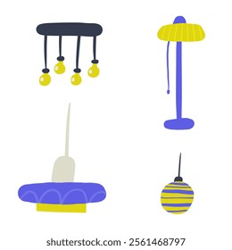 Living room interior objects set. Cute hand drawn doodle house furniture inside items, lamp, ceiling light, electricity, floor lamp, bulb, light. Modern flat apartment elements