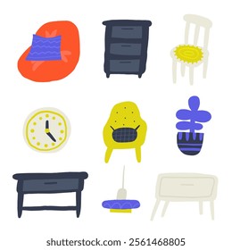 Living room interior objects set. Cute hand drawn doodle house furniture inside items, chair, armchair, plant, pot, table, clock, lamp, bedside table, sofa. Modern flat apartment elements