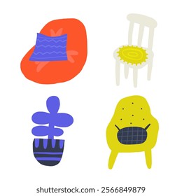 Living room interior objects set. Cute hand drawn doodle house furniture inside items, chair, armchair, plant, pot, pouf, pouf chair, ottoman bag, sofa. Modern flat apartment elements