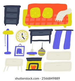 Living room interior objects set. Cute hand drawn doodle house furniture inside items, table, clock, lamp, bedside table, sofa, fireplace, curtains, shelf, wall picture. Modern flat apartment elements