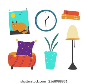 Living room interior objects set. Cute hand drawn doodle house furniture. Plant, pot, table, clock, lamp, sofa, picture.