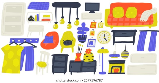 Living room interior objects set. Cute hand drawn doodle house furniture inside items, table, clock, lamp, bedside table, sofa, fireplace, curtains, shelf, wall picture. Modern flat apartment elements