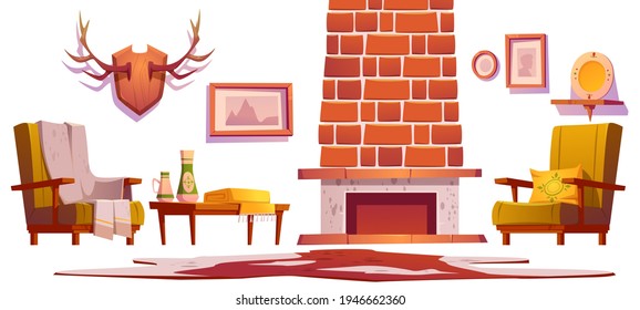 Living room interior objects in traditional chalet style, wooden furniture. fireplace, horns and pictures hanging on wall, armchair with plaid, table and cow skin rag, home decor Cartoon vector set