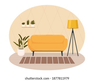 Living room interior on isolated white background. Cozy and comfortable design of the living room with furniture. Sofa, large window, floor lamp, flower. Vector stock illustration.