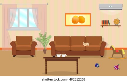 Living room interior in orange colors  including a sofa, armchair, coffee table, air conditioning, toys. Vector illustration in a flat style.