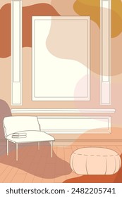 living room interior with orange doodle minimal Boho style. Vector illustration.