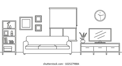 Living room interior outline sketch. Line style furniture: sofa, bookshelf, TV shelf, flowerpot, pictures on the wall. Vector illustration.