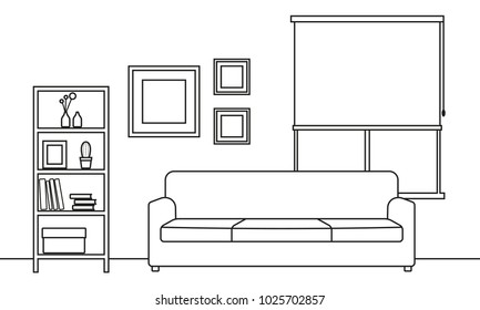 Living room interior outline sketch. Line style interior design with window and furniture: sofa, bookshelf, flowerpot, pictures on the wall. Vector illustration.