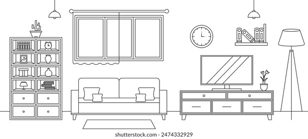 Living room interior outline sketch. Line style interior design with window and furniture sofa, bookshelf, flowerpot, carpet. Vector illustration