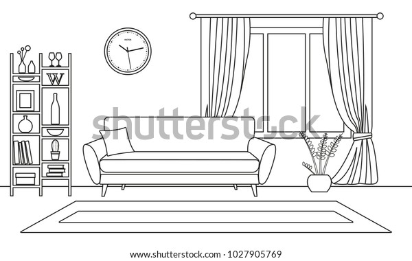 リビングルームの内部輪郭のスケッチ 窓と家具を含む線種の内部デザイン ソファ 本棚 植木鉢 カーペット ベクターイラスト のベクター画像素材 ロイヤリティフリー