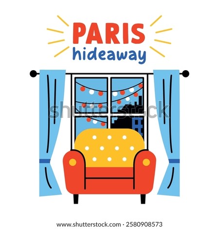 Living room interior with paris hideaway text, flat sticker 

