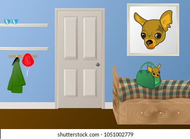 Living room interior with picture of dog, hat and coat on rack and pet in bag, background flat design vector illustration