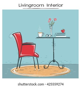 Living room interior place for reading or relax.Hand drawn color sketch of illustration.