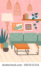 Interior de salón con plantas en maceta y luces de techo sobre un sofá y una mesa, ilustración vectorial de color