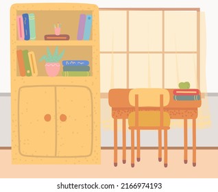 Living room interior. Premice with bookcase and table with chair decor accessories. Planning and arrangement of furniture in room for rest. Place to work or study next to window. Comfortable apartment