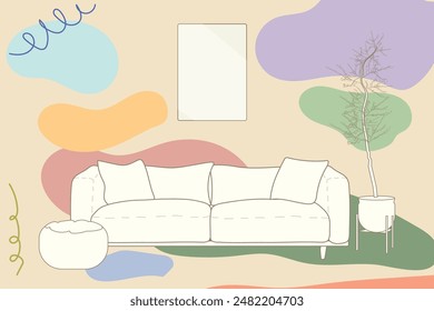 living room interior with rainbow doodle minimal boho style. Vector illustration.