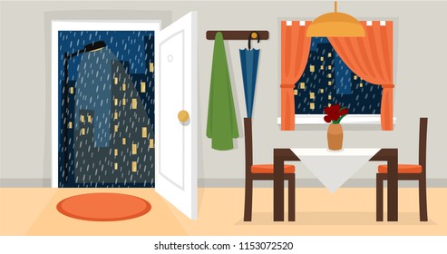 Living room interior with rainy night city view. Windowpane, table, chairs, lamp, curtains, house, cityscape. Autumn day. Flat cartoon style. Eps 10 vector 