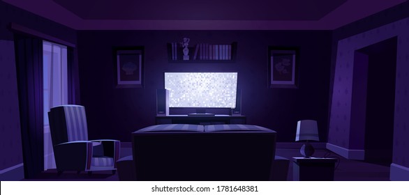 Living Room Interior With Rear View To Sofa, Chair And Glowing Tv Screen At Night. Vector Cartoon Illustration Of Lounge Room With Couch, Plasma Television And Bookshelves