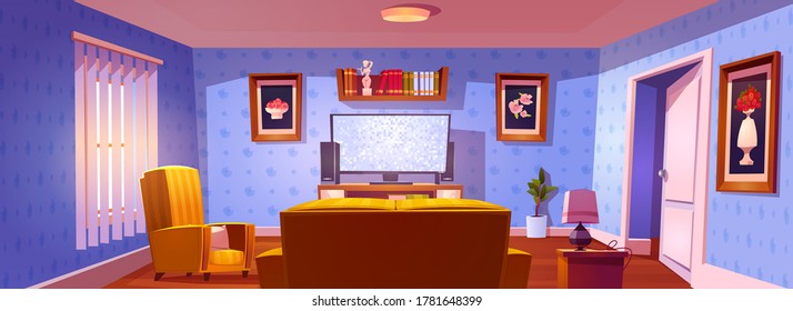 Living room interior with rear view to sofa, chair and glowing tv screen. Vector cartoon illustration of lounge room with yellow couch, plasma television, bookshelves and pictures on wall