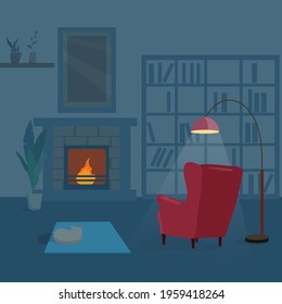 Living room interior with a red cozy chair and a fireplace in the evening. Cartoon vector illustration.