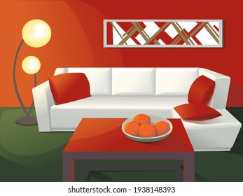 Living room interior. Red walls, white sofa with red pillows, the lamp near the sofa and red table in front. There is abstract painting on the wall.