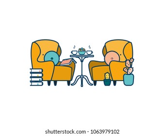 Living room interior. Relax with books. Vector illustration.
