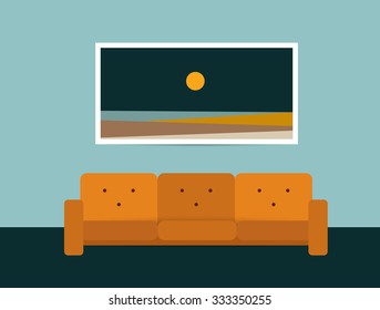 Living room interior. Retro style sofa and carpet. Flat design vector illustration.