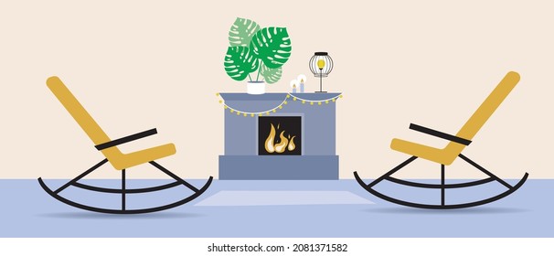 Living room interior with rocking chair, no people. Flat vector stock illustration. Hygge room with fireplace. House interior and nobody. Pattern or backdrop. Apartment illustration