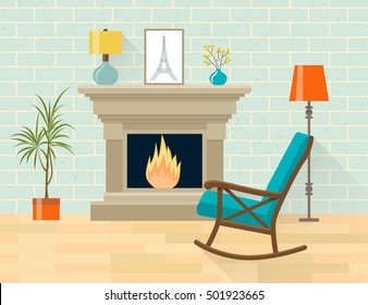 Living room interior with rocking chair and fireplace. Flat style vector illustration