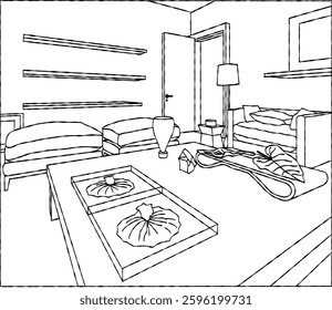 living room interior rough sketch line art couch cozy minimalist simple decoration architecture