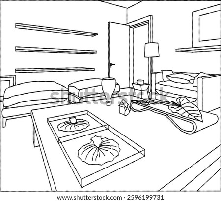 living room interior rough sketch line art couch cozy minimalist simple decoration architecture