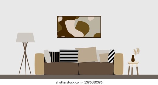 Living Room Interior in Scandinavian Style - Cozy Atmosphere for Rest and Relaxation - Vector Illustration in Natural Tones
